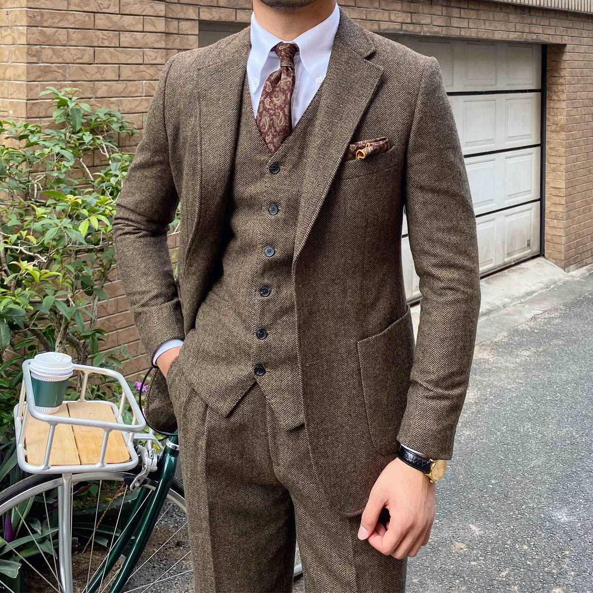 Autumn Winter Retro Herringbone Slim Fit Suits