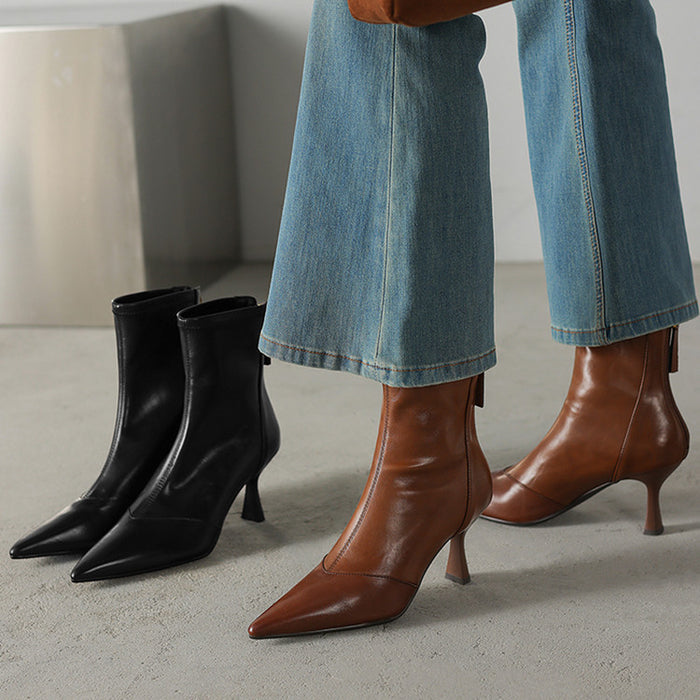 Stiletto-heeled Cowhide Pointed-toe Ankle Boots
