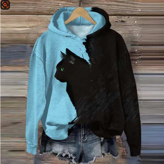 Black Cat Digital Print Top Hoodie