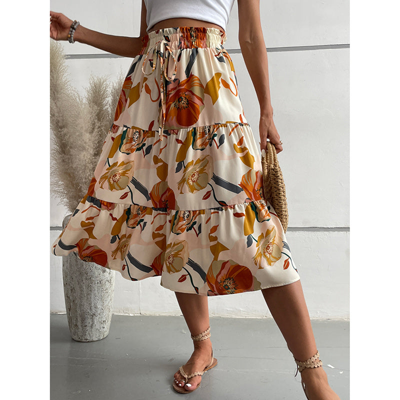 Floral Tiered Midi Skirt With Elastic Waist