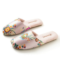 Embroidered Floral Ox-Tendon Sole Plush Slippers