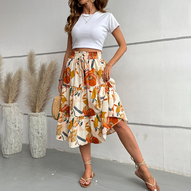 Floral Tiered Midi Skirt With Elastic Waist