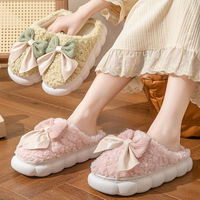 Bow Plush Indoor Couple Slippers