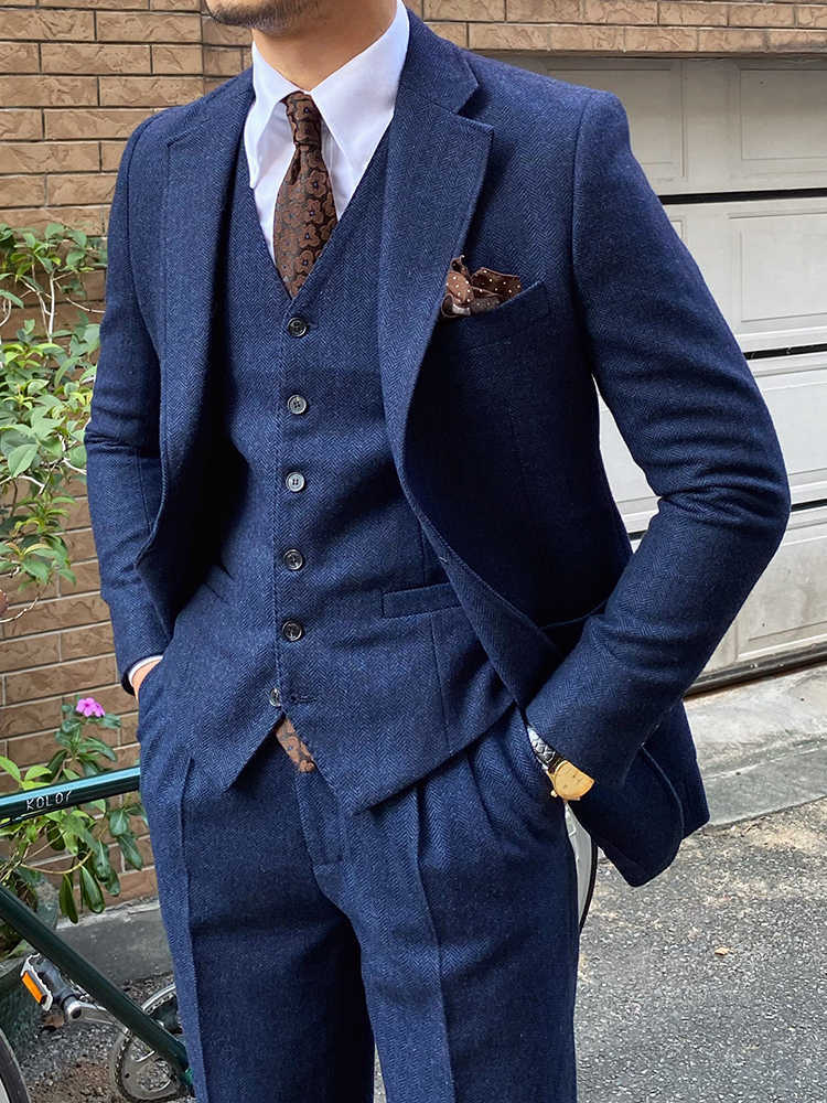 Autumn Winter Retro Herringbone Slim Fit Suits