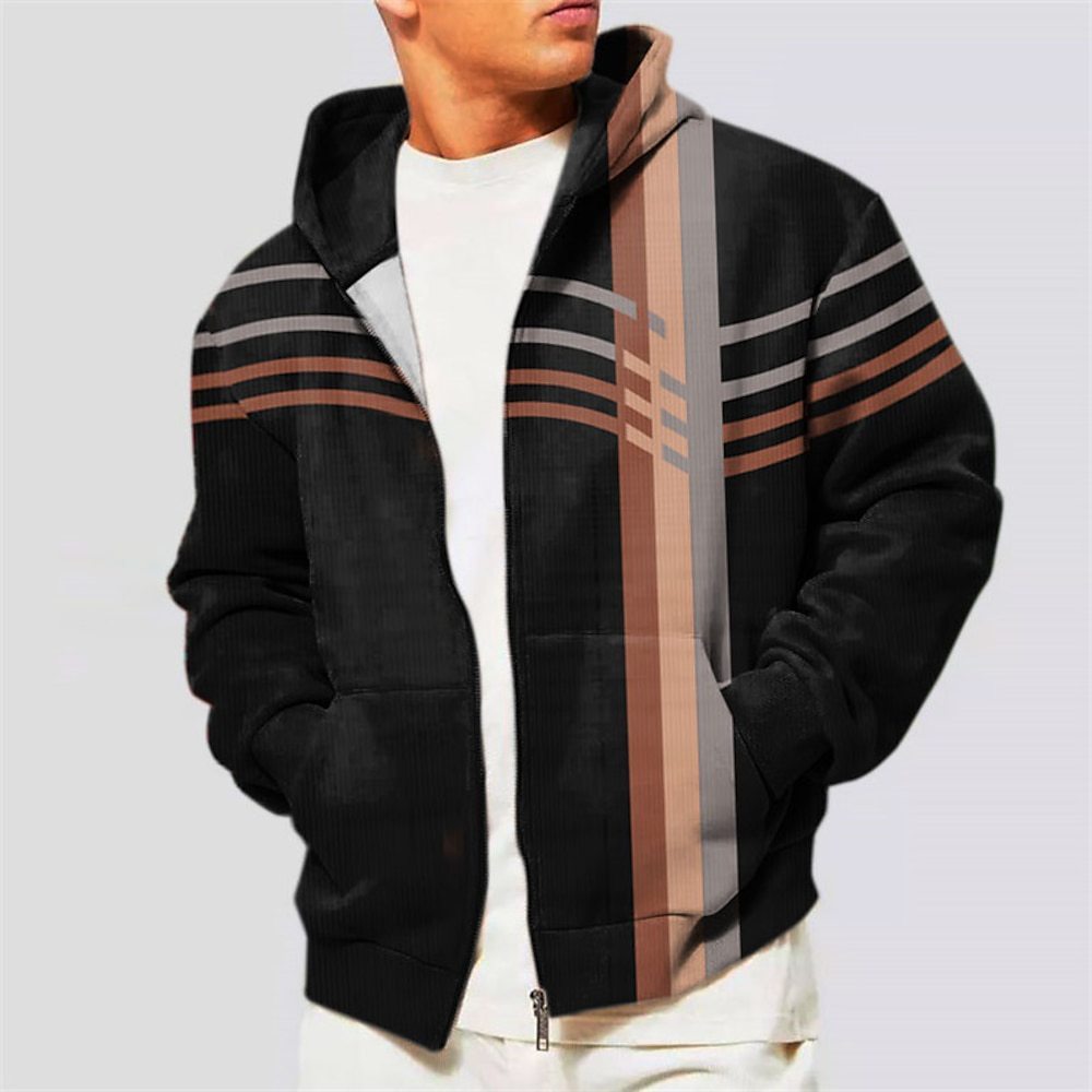 Zippered Hooded Sweatshirt with Striped & Gradient Print