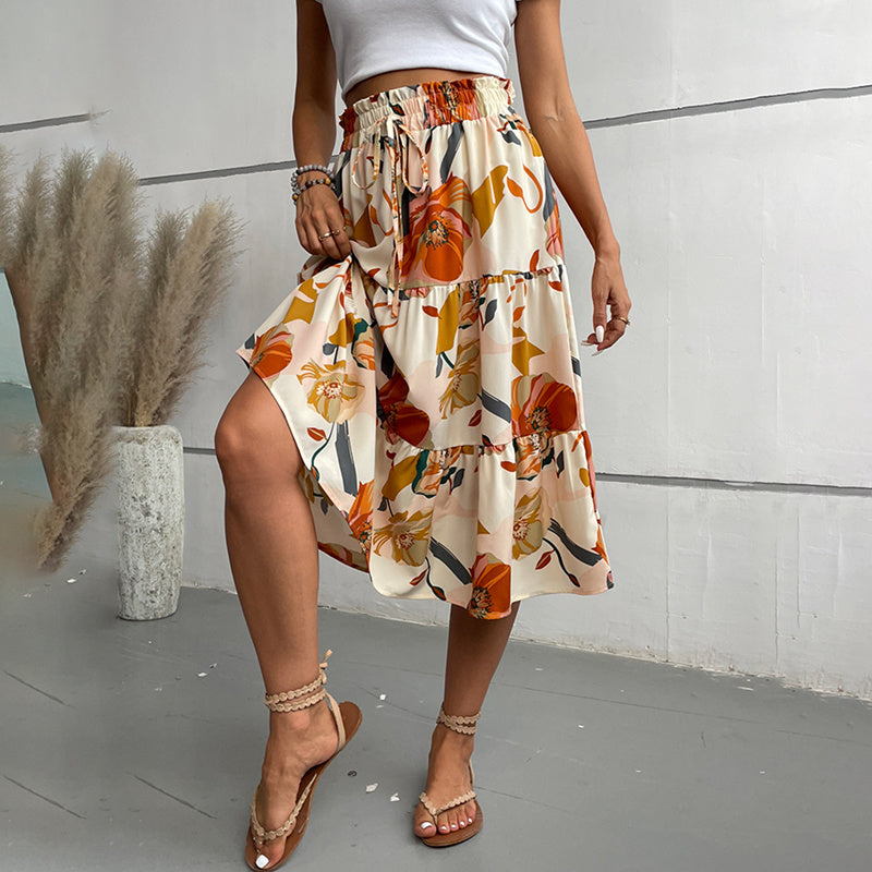 Floral Tiered Midi Skirt With Elastic Waist