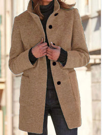 Stand Collar Woolen Coat - Casual Button Outwear