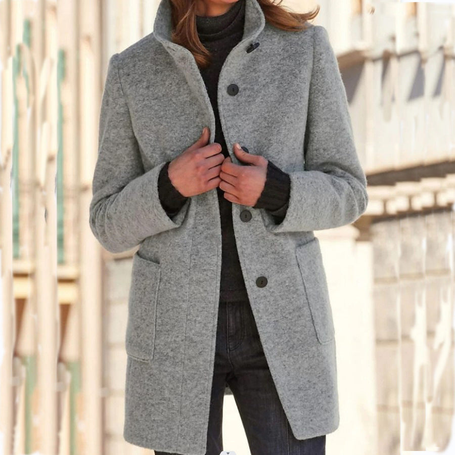 Stand Collar Woolen Coat - Casual Button Outwear