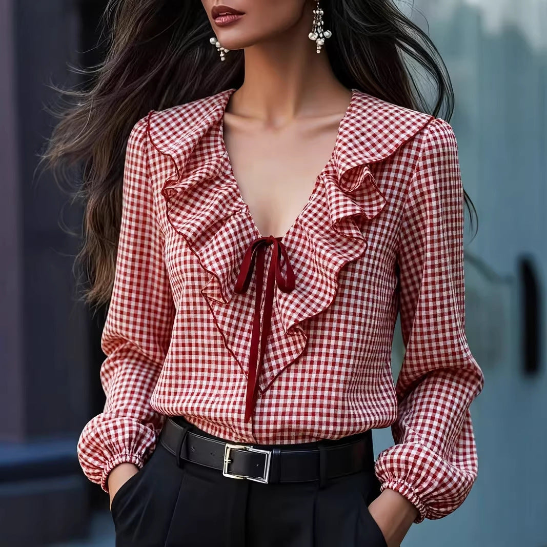 Fashionable Casual Small-Plaid Layered Shirt