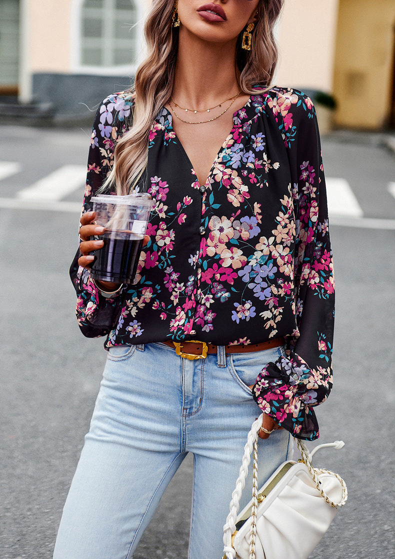 Floral Print V Neck Long Sleeve Shirts