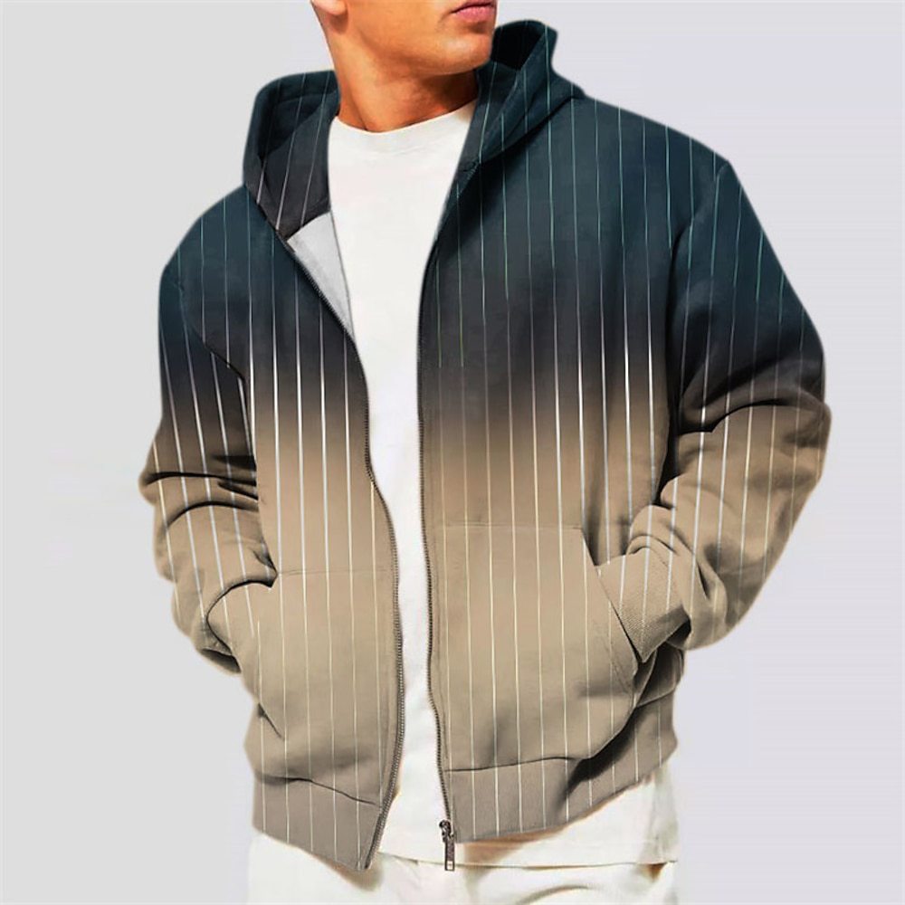 Zippered Hooded Sweatshirt with Striped & Gradient Print