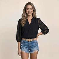 Solid-color Jacquard Pullover Shirt With A Lace-panel Stand-up Collar