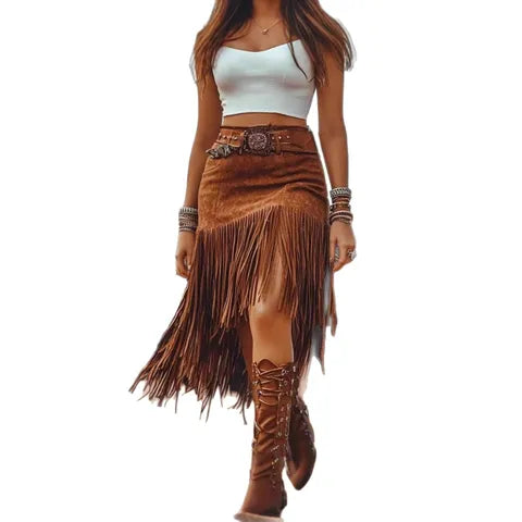 Western Boho Fringe Midi Skirt