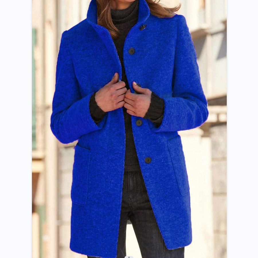 Stand Collar Woolen Coat - Casual Button Outwear
