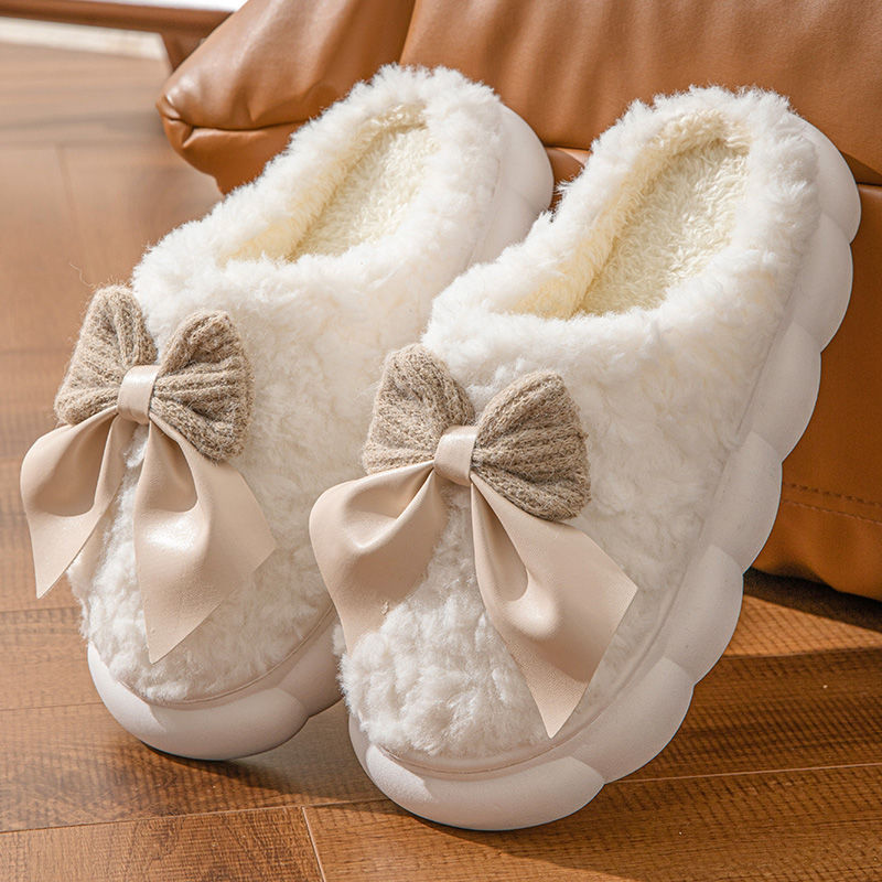 Bow Plush Indoor Couple Slippers