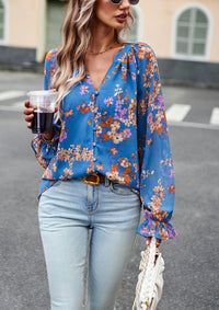 Floral Print V Neck Long Sleeve Shirts