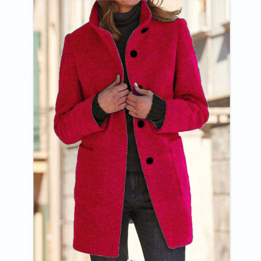 Stand Collar Woolen Coat - Casual Button Outwear