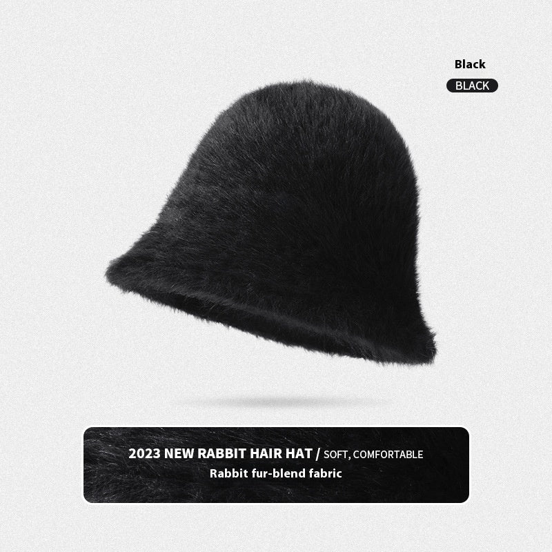 Rabbit Fur Bucket Hat Women's Fleece-lined Warm Bucket Hat