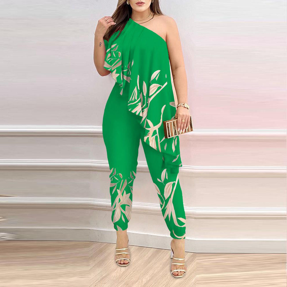 Printed One-shoulder Ruffled Jumpsuit