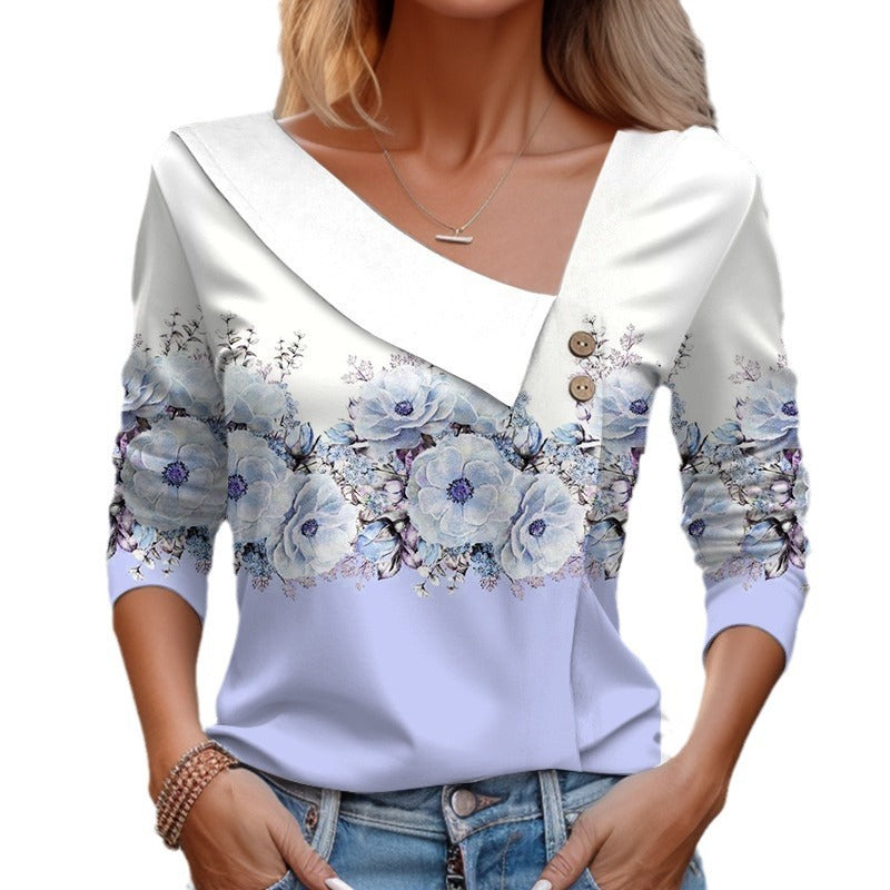Diagonal Collar Flower Printed T-shirt