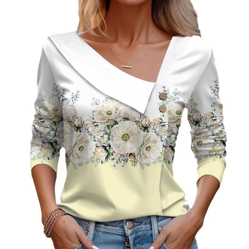 Diagonal Collar Flower Printed T-shirt