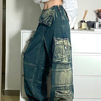 Plus Size Retro Washed Cargo denim