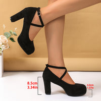 Suede Cross-strap Chunky Heel Pumps